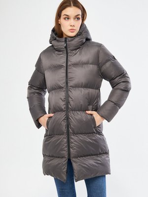 Antrasit Içi Elyaflı Kapüşonlu Su Ve Rüzgar Geçirmez Uzun Şişme Kışlık Mont