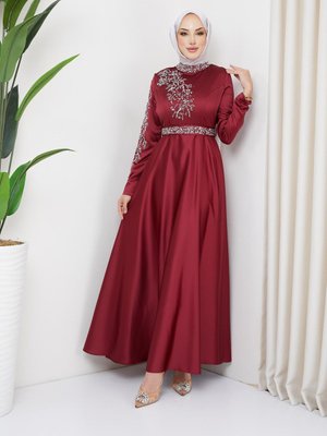 Liya Meç Süslemeli Saten Abiye Elbise Bordo