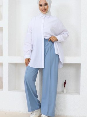 Belli Lastikli Rahat Kesim Salaş Pantolon Mavi