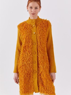 Önü Saçaklı Fitilli Hardal Triko Hırka Önü Saçaklı Fitilli Hardal Triko Hırka