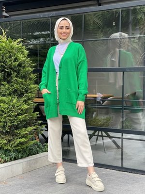 Triko Çift Cepli Yeşil Hırka