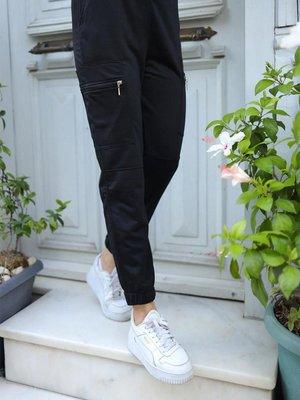 Bel Lastikli Fermuar Cepli Pantolon Siyah