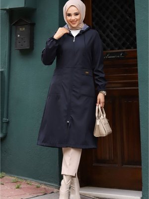 Kapüşonlu Fleto Cepli Çizgi Desenli Trençkot