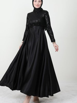 Pul Payet Saten Kloş Elbise Siyah Pul Payet Saten Kloş Elbise Siyah