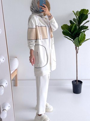 Kapüşonlu Line Takım Beyaz/bej