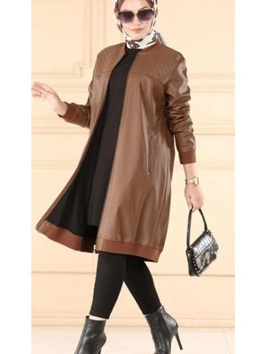 Taba Renk Alti Lastikli Deri Ceket