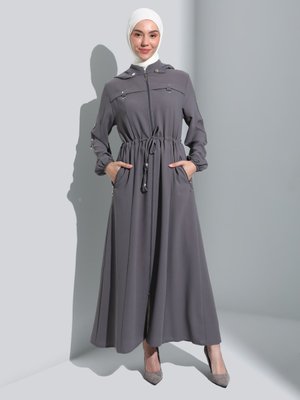 Gri Kapüşonlu Fermuarlı Ferace