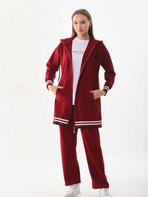 Şeritli Bordo Renk Üçlü Spor Takım Kombin