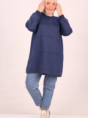 Lacivert Büyük Beden Kanguru Cepli Ribanalı İki İplik Tunik