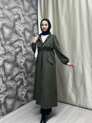 Belden Kemer Detaylı Uzun Trençkot Haki Belden Kemer Detaylı Uzun Trençkot Haki