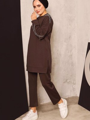Kahve İnci Detaylı Pantolonlu Takım T