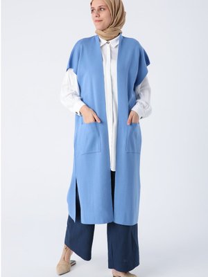 Mavi Cepli Uzun Triko Yelek