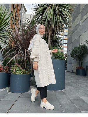 Örgülü Uzun Triko Hırka Taş