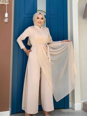 Şifon Pelerin Detay Bel Kuşaklı Tulum Taş