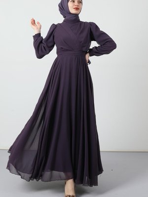 Önü Çapraz Şifon Elbise Koyu Lila
