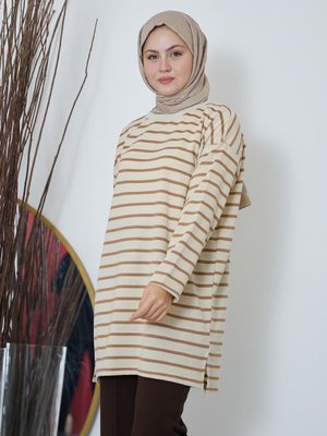 İki İplikli Tesettür Tunik Çizgili Sweatshirt