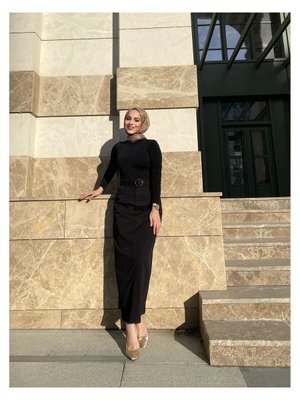 Cep Detaylı Kemerli Tokalı Gabardin Etek Siyah