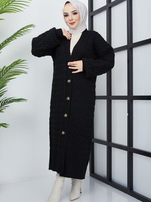 Siyah Sepet Örgü Düğmeli Tam Boy Triko Hırka