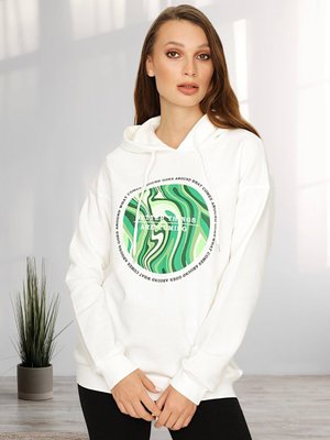 Ekru Kapüşonlu Önü Baskılı Şardonlu Sweatshirt
