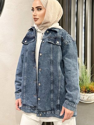 Taş Detaylı Kot Ceket Koyu Mavi