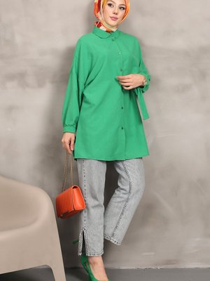 Yeşil Kol Bağlamalı Kendinden Desenli Gömlek