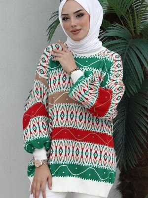 Modest Balon Kol Desenli Salaş Triko Tunik Modest Balon Kol Desenli Salaş Triko Tunik