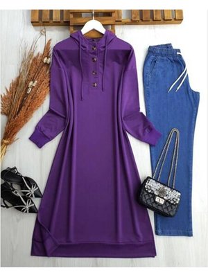 Düğmeli Kapşonlu Tam Boy Tunik