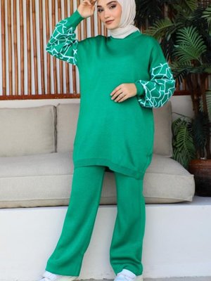 Kolları Çizgi Desenli Triko Takım Yeşil