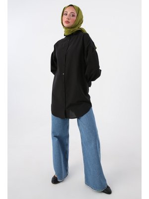 Siyah Pamuk Yakası Ve Kolları Büzgülü Gömlek Tunik