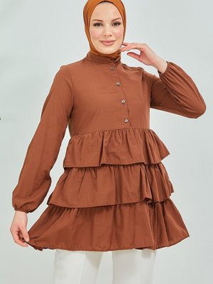 Birsu Kat Kat Fırfırlı Tunik Kahve