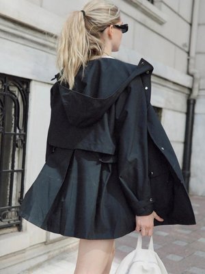 Siyah Josefine Kapüşonlu Midi Trençkot