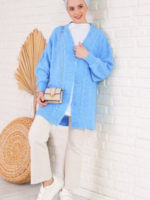 K.mavi Saç Örgü Desen Düğmeli Triko Hırka