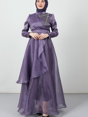 Taşlı Organze Abiye Elbise Lila