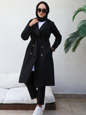 5853 Boyfriend Tesettür Trençkot Siyah