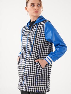 Deri Garnili Saks Bomber Ceket Deri Garnili Saks Bomber Ceket