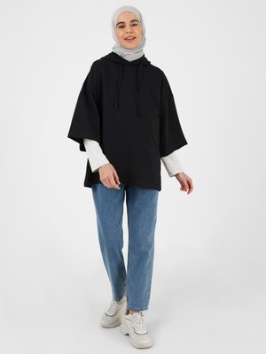 Kapüşonlu Yarım Kollu Oversize Sweatshirt Siyah