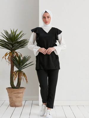 Kol Büzgülü Belden Kuşaklı İkili Takım Siyah