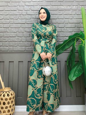 Güğüs Kısmı Gizli Düğmeli Bel Kuşaklı Desenli Tulum Zümrüt