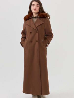 Yakası Kürklü Kruvaze Manto Kahve