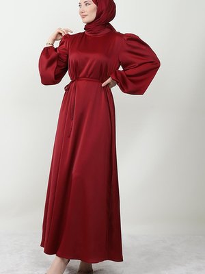 İnce Kuşaklı Saten Elbise Bordo