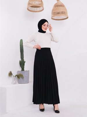 Piliseli Kloş Skuba Krep Etek Siyah