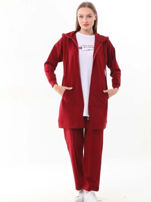 Kabartma Baskılı Bordo Renk Üçlü Spor Takım Kombin