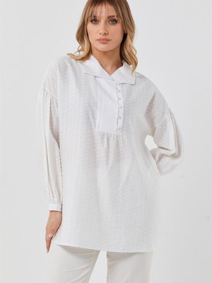 Kendinden Desenli Optik Beyaz Bluz