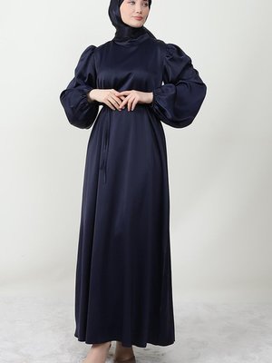 İnce Kuşaklı Saten Elbise Lacivert