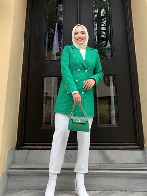 Ön Kısım Düğme Detay Cep Görünüm Chanel Kumaş Ceket Zümrüt