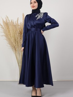 Omzu Taşlı Sate Abiye Elbise Lacivert