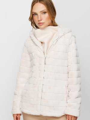 Ekru Peluş Kapüşonlu Kaban