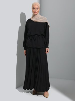 Siyah Pilise Detaylı Aerobin Tunik & Etek İkili Takım