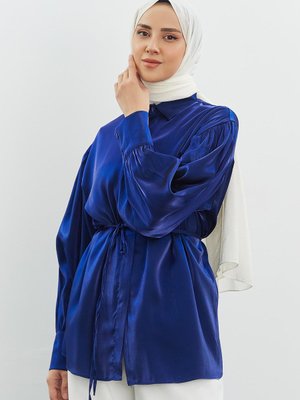 Kuşaklı Saten Gömlek Lacivert Kuşaklı Saten Gömlek Lacivert