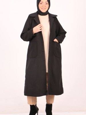 Siyah Büyük Beden Bebe Yaka Kaşe Kaban